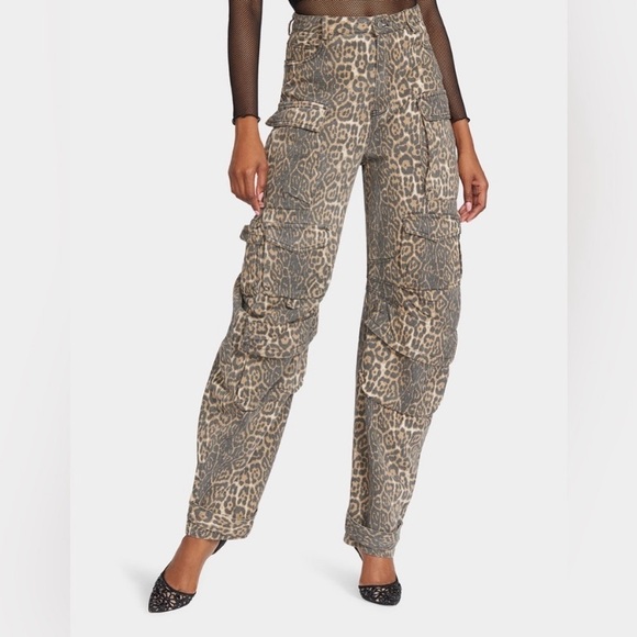 Betsey Johnson Leopard Print Wide Leg Barrel Cargo Jeans Large Baggy NWT Straigh